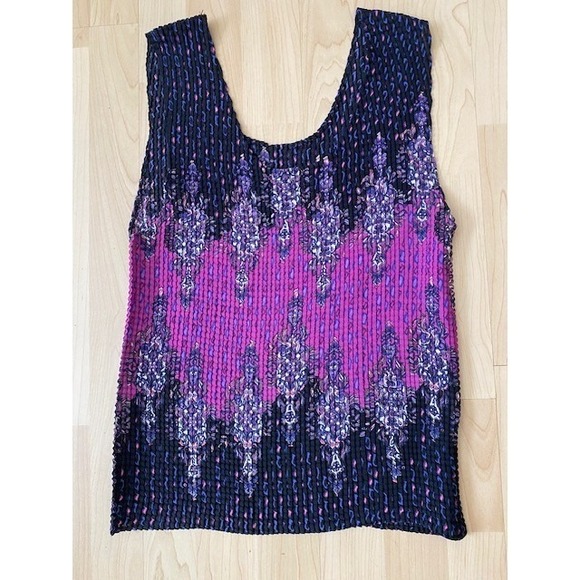 Vtg 90s Tank Top Shirt Crinkle Pleated Purple Black Paisley Textured - Picture 4 of 9